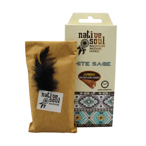 Green Tree Native Soul white sage jumbo backflow cones packaging with a decorative black feather.