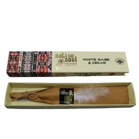 Native Soul White Sage & Cedar incense sticks packaging, featuring earthy designs and a feather ornament.