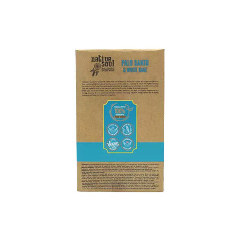 Native Soul Palo Santo & White Sage incense sticks packaging with eco-friendly certifications.