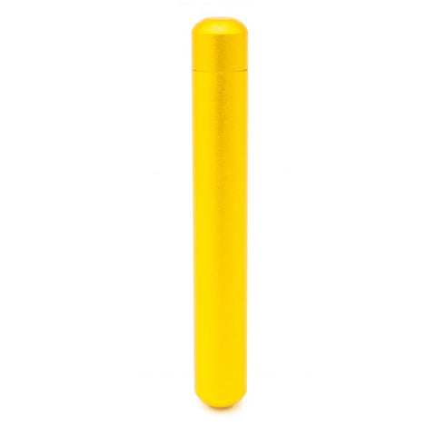 Yellow smell proof metal joint tube for discreet storage of joints and cigars.