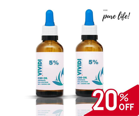 VIVIDI 5% Full Spectrum CBD Oil bottles with 20% off sale indication, showcasing premium Swiss quality.