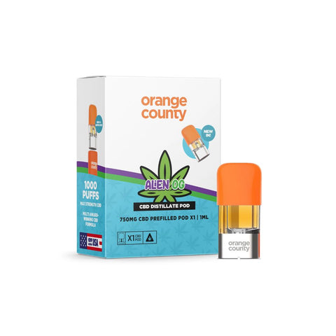 Orange County - CBD Prefilled Pod1 ml 750 mg in packaging with orange cap, designed for intense CBD vaping experience.