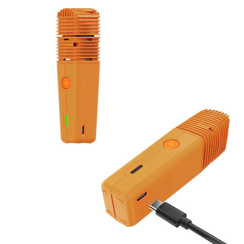 Storz & Bickel Veazy dry herb vaporizer in vibrant orange color with USB-C charging port.
