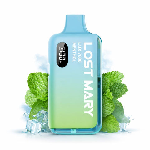 LOST MARY LUX 7000 Kit in mint flavor with icy elements and display showing battery life.