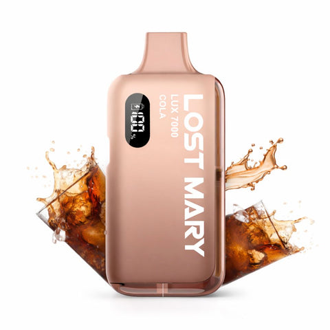 LOST MARY LUX 7000 Kit in Cola flavor with splashes of cola drinks for a refreshing vape experience.