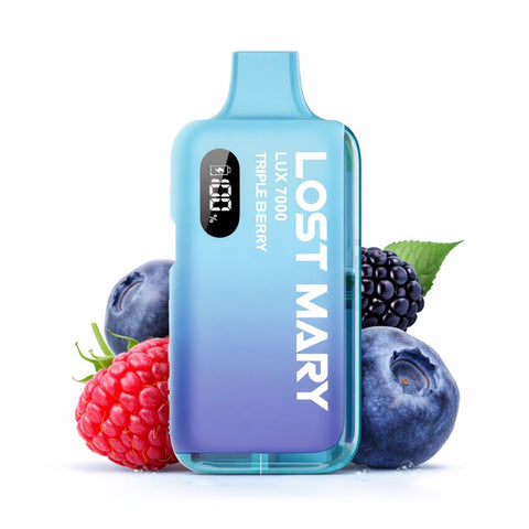 LOST MARY LUX 7000 Kit in der Geschmacksrichtung Triple Berry, umgeben von frischen Beeren.