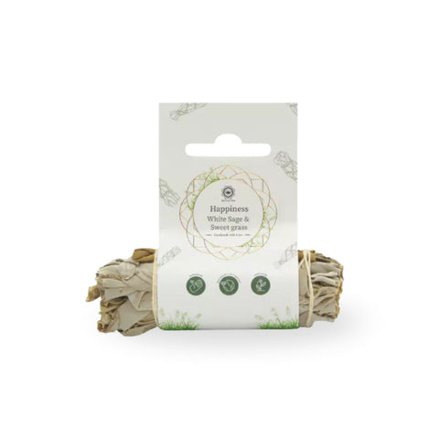 Happiness Sage & Sweetgrass - Smudge Stick in packaging for cleansing and fresh energy.