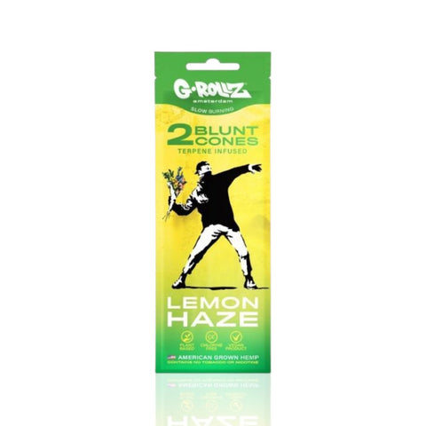 G-ROLLZ Banksy’s Lemon Haze Pre-Rolled CBD Hemp Wraps Verpackung mit frischem Lemon-Haze-Design