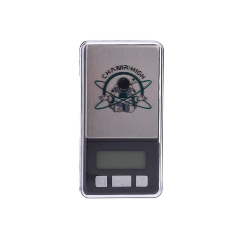 Digital scale from Champ High, compact design, with LCD display and cartoon logo, measuring up to 200g with 0.01g precision.