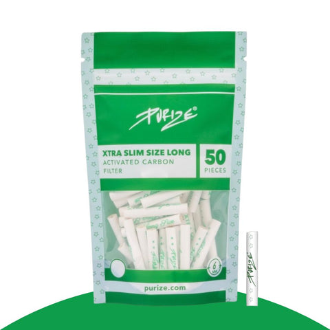 Purize XTRA Slim Size Long activated carbon filters package containing 50 pieces for cool and smooth smoking experience.