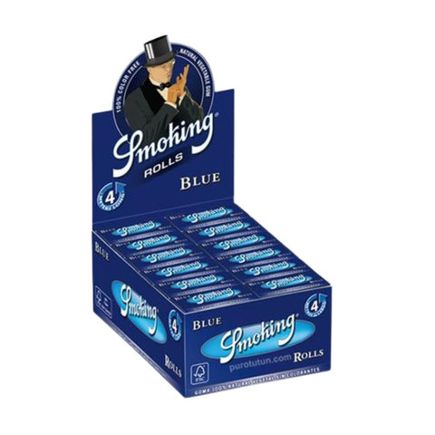 Smoking Blue Rolls display box with 24 4-meter transparent rolling paper rolls for pure enjoyment.