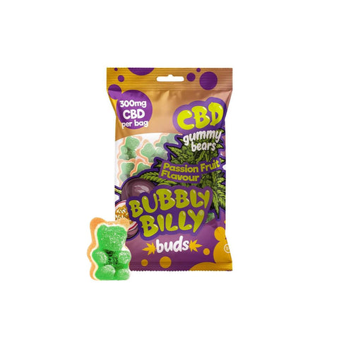 Bubbly Billy Buds CBD Gummibärchen in Passion Fruit flavor, 300mg CBD, 100g packaging.