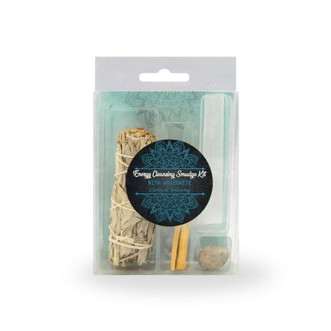 Energy Cleansing Smudge Kit mit Amazonite in durchsichtiger Verpackung mit White Sage, Palo Santo und Amazonit.