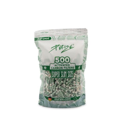 Purize - Super Slim Size Aktivkohlefilter – 500 Stück Beutel mit Aktivkohlefiltern in wiederverschließbarer Verpackung.