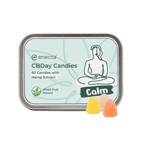 Enecta - CBDAY Candies - Calm tin with 60 vegan fruit-flavored candies featuring hemp extract for relaxation.