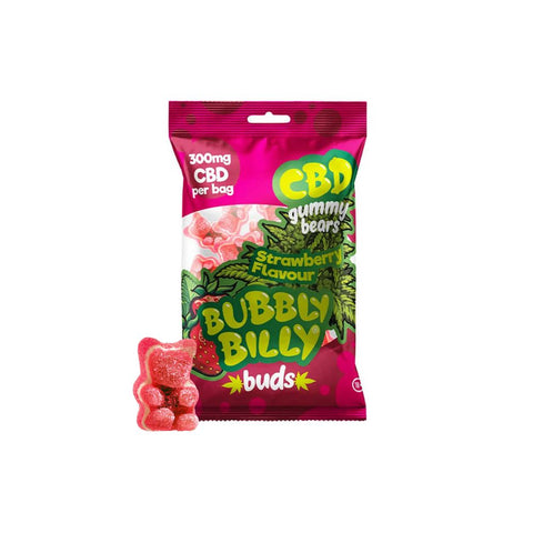 Bubbly Billy CBD Gummibärchen Strawberry with 300mg CBD in a colorful packaging, featuring a gummy bear.
