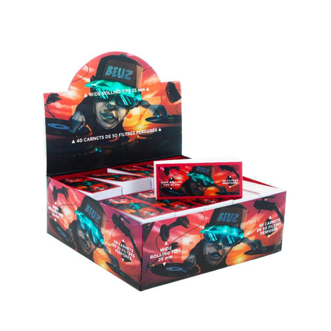 Beuz Wide Filter Tips display with vibrant design, showcasing premium quality and style for an optimal smoking experience.