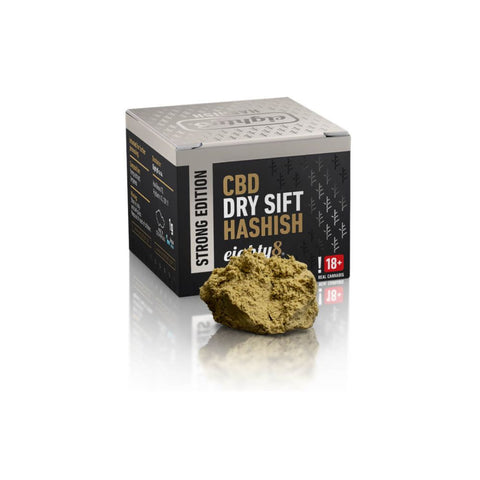 Eighty8 CBD Extract Dry Sift Hashish package and product, 1 g, 14.56% CBD, premium quality.