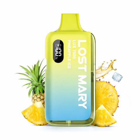 LOST MARY LUX 7000 Kit in Pineapple Ice flavor with tropical fruit backdrop.