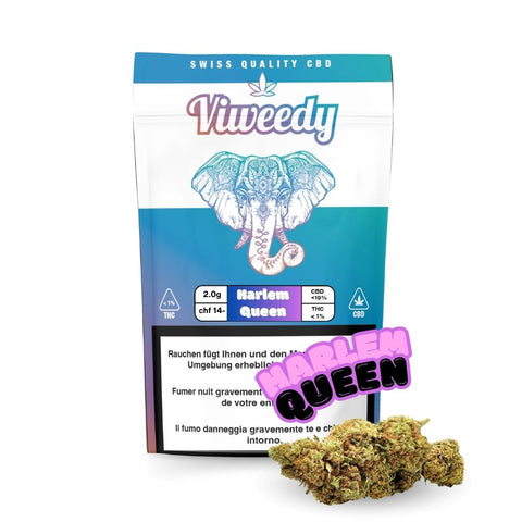 Viveedy Harlem Queen CBD Blüten pack mit harzreichen Blüten und bunten Design, Swiss Quality CBD.
