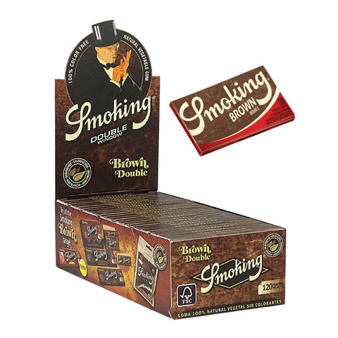 Smoking Double Window Brown Box Display with 25 packs of unbleached papers, eco-friendly option, natural adhesive.