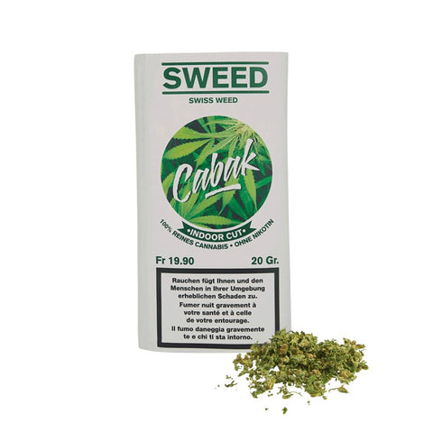Sweed Cabak Tabakersatz 20g packaging with cannabis leaves and ground product.
