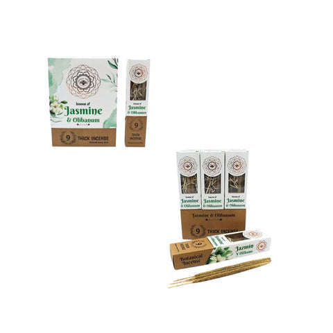 Green Tree - Jasmine & Olibanum Botanical Incense Sticks in packaging and incense sticks.