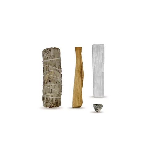 Energy Cleansing Smudge Kit mit White Agate, beinhaltet Weißer Salbei, Palo Santo, Selenit und White Agate.
