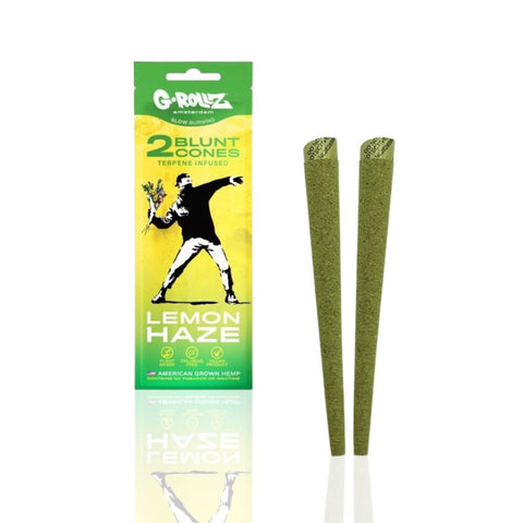 G-ROLLZ Banksy’s Lemon Haze Pre-Rolled CBD Hemp Wraps in packaging with two green blunt cones.