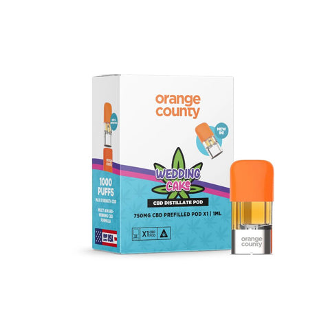 Orange County - CBD Prefilled Pod1 ml 750 mg in Wedding Cake flavor with 1000 puffs, product packaging and pod.