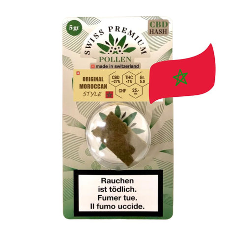 Swiss Premium Pollen Original Moroccan Style 5g packaging with Moroccan flag and health warning in German.