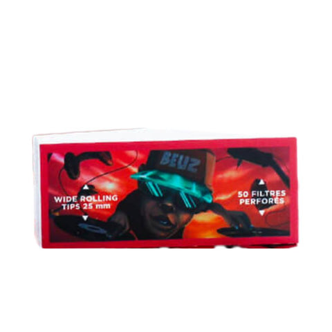 Beuz Wide Filter Tips packaging showcasing stylish design with 50 perforated wide rolling tips.