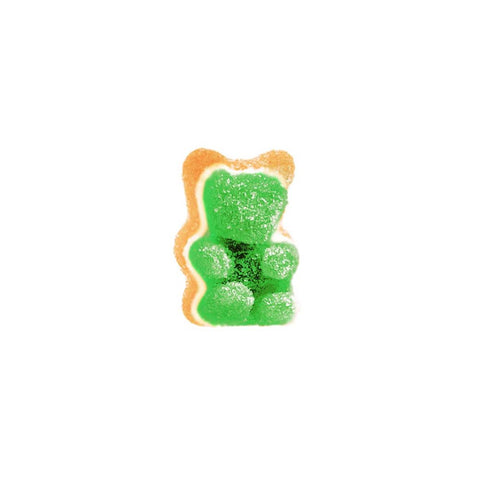 CBD Gummibärchen in Passion Fruit flavor, featuring a green bear shape with a colorful edge.