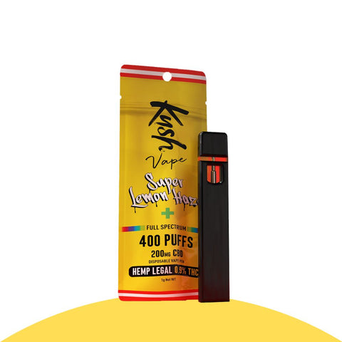 King Kush CBD Super Lemon Haze vape pen with yellow packaging, featuring 400 puffs and 0.9% THC.