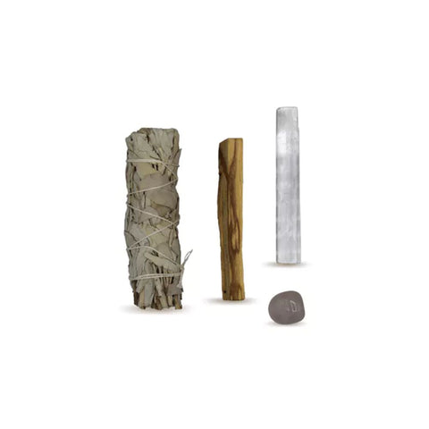 Energy Cleansing Smudge Kit mit Rosenquarz mit White Sage, Palo Santo, Selenit-Wand und Rosenquarz-Kristall.
