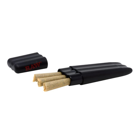 RAW - Three Tree Triple Preroll Case holding three pre-rolled cones in a sleek black design.