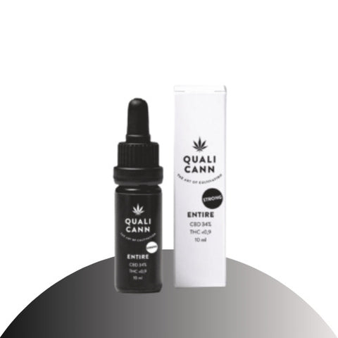 Qualicann CBD Öl ENTIRE STRONG 34% in black dropper bottle with packaging, 10ml, Swiss full-spectrum oil.