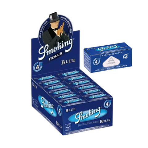Smoking Blue Rolls box display with transparent rice paper rolls, offering pure smoking enjoyment.