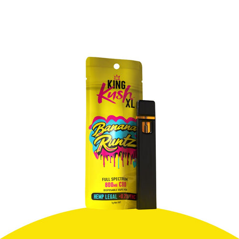 King Kush XL Banana Runtz vape pen and packaging, featuring tropical design and full spectrum CBD.