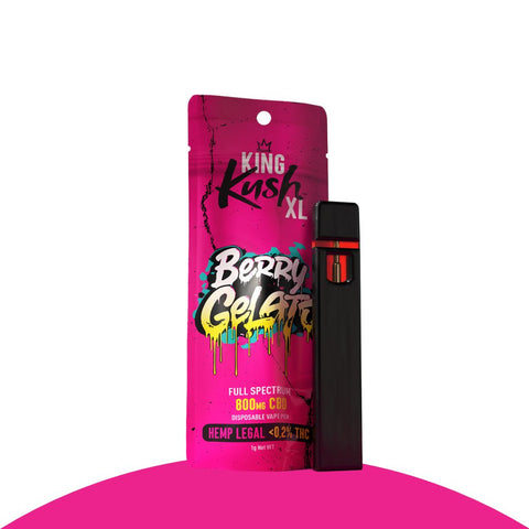 King Kush XL Berry Gelato vape pen with full spectrum CBD, 800mg, disposable, featuring vibrant pink packaging.