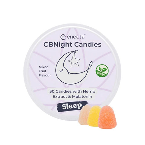 Enecta - CBNIGHT Candies - CBD & Melatonin in a circular container with mixed fruit gummies for sleep aid.