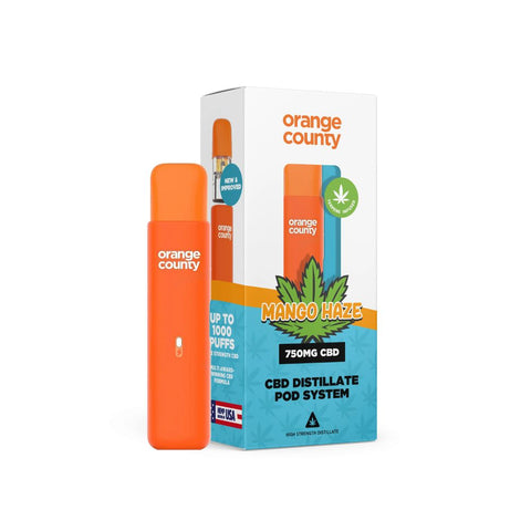 Orange County - CBD Vape Pen 1 ml Pod 750mg in Mango Haze flavor with packaging showing CBD distillate pod system.