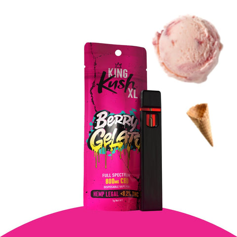 King Kush XL Berry Gelato vape pen and packaging with ice cream scoop and cone, featuring 800mg CBD and 0.2% THC.
