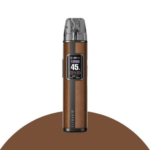 ELFBAR ELFX Pro Pod System Kit in brown with a digital display showing 45W power and sleek design.