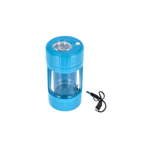 Glowin Jar in blue with integrated LED light, grinder, and magnifying glass for smart storage.