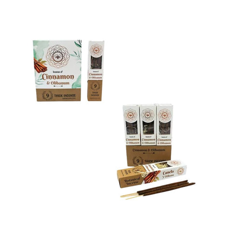 Green Tree - Cinnamon & Olibanum Botanical Incense Sticks packaging with incense sticks and boxes of incense.