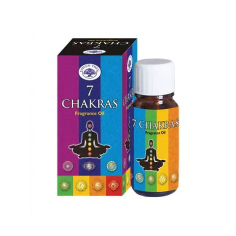 Green Tree Duftöl - 7 Chakras 10ml bottle with colorful chakra packaging.