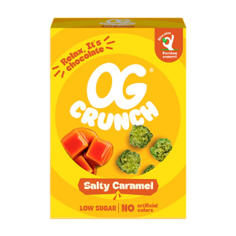 Ogeez OG Crunch box featuring Salty Caramel flavor, with chocolate and green snack pieces on vibrant yellow background.