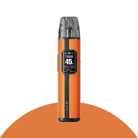 ELFBAR ELFX Pro Pod System Kit in orange, showcasing sleek design and digital display for powerful vaping experience.