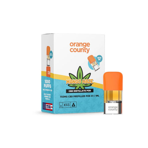 Orange County - CBD Prefilled Pod1 ml 750 mg in Mango Haze flavor with packaging and pod design.